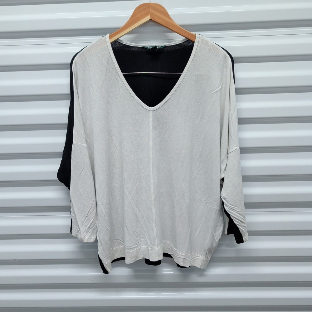 Lauren Ralph Lauren Top XL Womens White Black Colorblock V-Neck Dolman Sleeve — photo 2